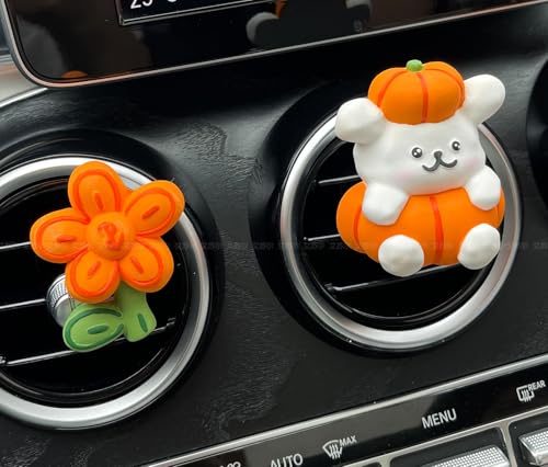 ミニカーエアベントクリップ、アロマストーンディフューザー、エアコン装飾クリップ、車用芳香剤、フレグランスディフューザーエアアウトレットクリップ、芳香器車内美的アクセサリー【精油10ml】ピンクオレンジカボチャの子犬 + 黄色いマネープラント