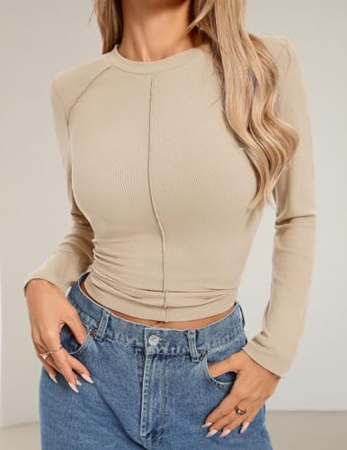 Women Apricot Fitted Long Sleeve Shirt,Ribbed Knit Top Crewneck Sweater STARTING at - image 8