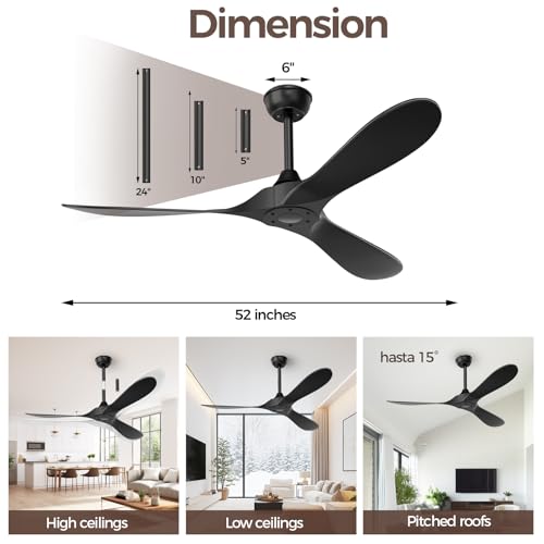 Image of Obabala Black Outdoor Ceiling Fan, 52 in Ceiling Fans No Light with Remote Control, 3 Blades, 6 Speed Reversible DC Motor Modern for Patios, Living Room, Bedroom, Porch