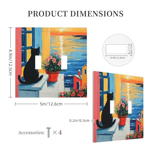 Decorative Switch Covers Plate Vintage Oil Painting Style Black Cat Sea Flowers 2 Gang Wall Plate Oversized Double Toggle Light Switch Plate Wall Cover Plate Faceplate for Bedroom Decor