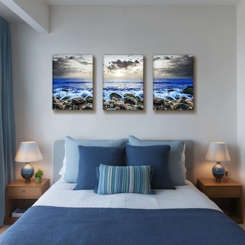 SERIMINO Beach Wall Art, Coastal Wall Art, Ocean Wall Decor, Modern Landscape Paintings Art Prints 3 Pieces Set, Seaside Canvas Pictures for Living Room Bedroom Bathroom Home Office Decoration 20"X28"