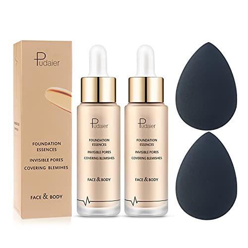 Liquid Foundation Makeup Sunscreen 2 Pcs 35ml Waterproof Oil Control Moisturizing Lightweight Non Stick Concealer Foundation for Face and Body in Glass Bottle with 2 Pcs Black Makeup Sponge