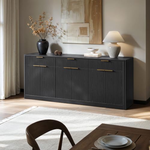Image of Evermagin 67 inch Fluted Black Sideboard Buffet Cabinet with 3 Drawers | Modern credenza and console cabinet with storage for kitchen, living room, entryway or coffee bar, 67 inchW x 31.5 inchH x 15.7 inchD