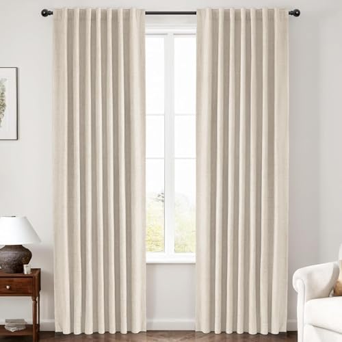 INOVADAY 100% Blackout Curtains 92 Inches Length 2 Panels Set, Back Tab/Rod Pocket Linen Black Out Curtains for Bedroom, Thermal Insulated Window Drapes - Natural Linen, W50 X L92