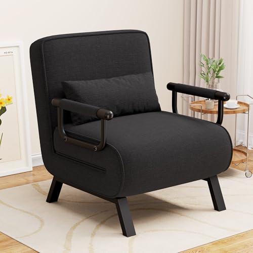 Hawthyhome 4 in 1 Schlafsessel, Schlafsofa mit Bettfunktion, Platzsparendes Gästebett, Relaxsessel mit Verstellbare Rückenlehne, 150 kg Tragkraft, Metallrahmen & Leinen Schwarz