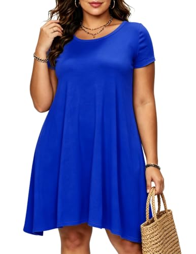 Image of Afibi Womens Short Sleeve Loose Pockets Dress Casual Swing T-Shirt Dresses