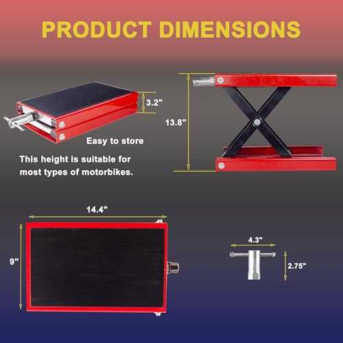 Image of Motorcycle Lift Scissor Jack, Motorbike Jack with 1100lb Capacity Wide Deck Motorcycle Center Stand, Steel Scissor Jack for Street Bikes, Cruiser Bikes, Touring Motorcycles, Red
