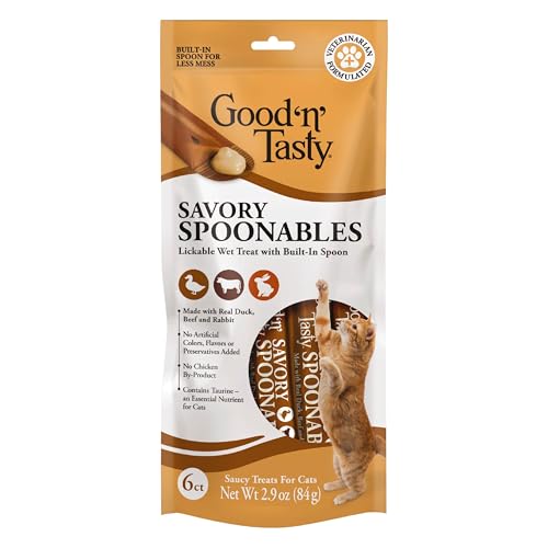 Good n Tasty Savory Spoonables with Real Duck Beef & Rabbit 6 Count Tube Triple Flavor Squeezable Lickable Wet Treats for Cats with Built-in Spoon for Less Mess