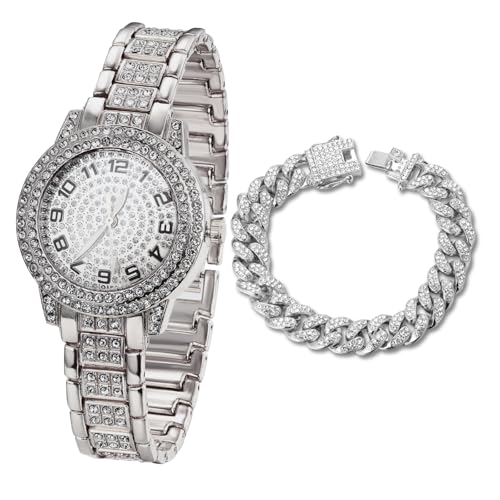 Image of Halukakah Diamonds Watch Iced Out for Boy Teens Kids - 18K Real Gold /Platinum Plated,Arabic Numerals Round Dial,Japanese Quartz - 7.7 inch Length - Optional with Cuban Link Chain - for Birthday,Parties