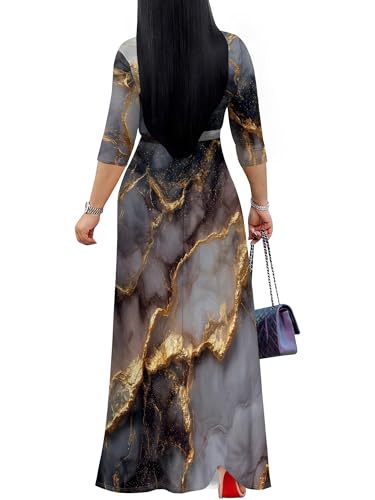 Image of Plus Size Dresses for Women Print Maxi Dresses 3 /4 Sleeve with Belt