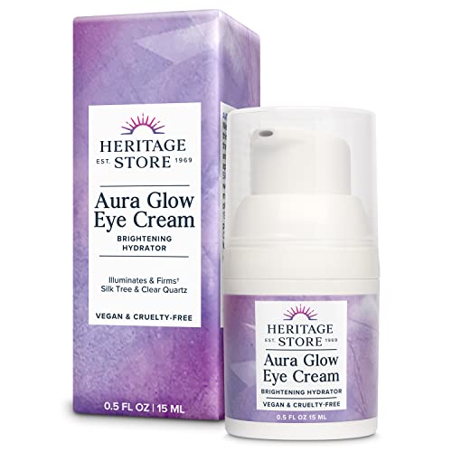 HERITAGE STORE Aura Glow Eye Cream, Under Eye Brightener & Hydrator, Minimizes look of Puffiness, Dark Circles, Fine Lines & Wrinkles w/Bakuchiol, Hyaluronic Acid, Kelp & Clear Quartz, Vegan, 0.5oz