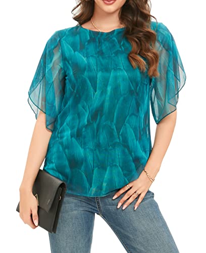 Image of Oyamiki Womens Half Sleeve Layered Flowy Chiffon Blouses Round Neck Shirts Tops