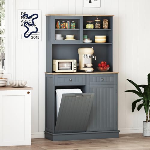 COSTWAY Buffet de Cuisine 2 Tiroirs, Meuble Cuisine avec Plan de Travail en Caoutchouc, Placard Basculant 38 L, Meuble Poubelle Rangement 172 cm, Armoire...
