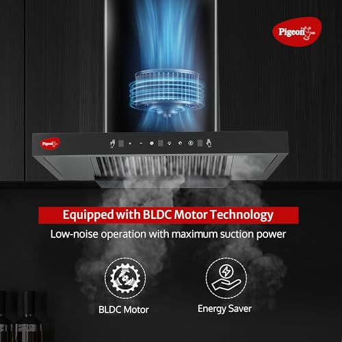 Image of Pigeon Atmos 75 cm BLDC T Shape Kitchen Chimney 1500 m3 /hr | Filterless Autoclean Kitchen Chimney | 12 Years Motor and 2 Years Comprehensive Warranty |Black | 9 Speed Touch Control + Motion Sensor