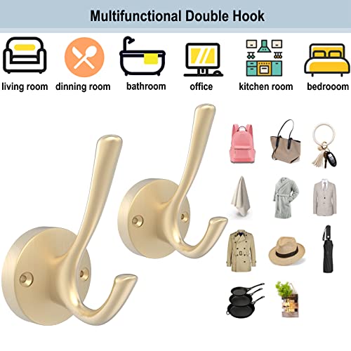 Tofiigrem Gold Coat Hooks For Wall, 3 Pack Towel Hook Heavy Duty Metal Double Bath Robe Hook Wall Mount, Hand Towel Hooks For Cubicle Bathroom Kitchen Closet Garage #TOP3