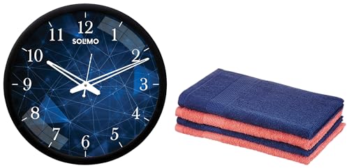 Image of Amazon Brand - 12-inch Contemporary Plastic & Glass Wall Clock - Designer (Silent Movement, Black Frame) & Amazon Brand - Cotton 4 Piece Hand Towel Set, 380 GSM (Twilight Blue, Coral Pink)
