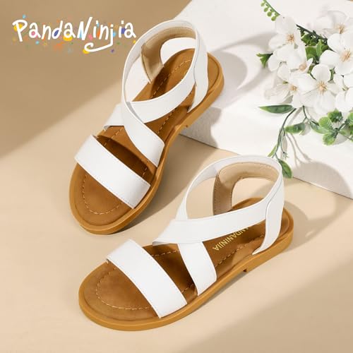 Image of PANDANINJIA Girls Sandals Slip-on Elastic Ankle Cross Strappy Gladiator Dress Sandals Flats Summer Shoes Little Big Kids Sandals