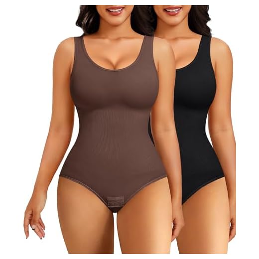 Nebility Body modelador de 2 peças para mulheres com controle de barriga, caimento justo, sem mangas, gola redonda, Preto/marrom, pacote com 2, PP-P