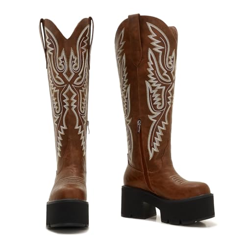 Image of Uillnoodu Women's Red Platform Cowgirl Boots with Zipper - Western Knee-High Chunky Sole Cowboy Boots
