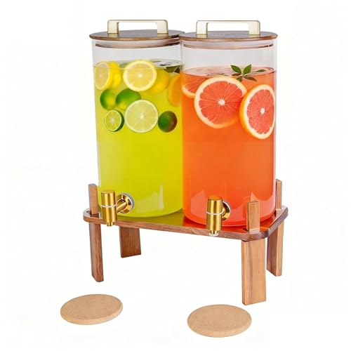 2 PACK 1.5 Gallon Glass Beverage Dispenser with Wooden Lid, Drink Dispenser with Wooden Stand, Lemonade Dispenser with Stainless Steel Leak-Proof Spigot for Parties, Weddings