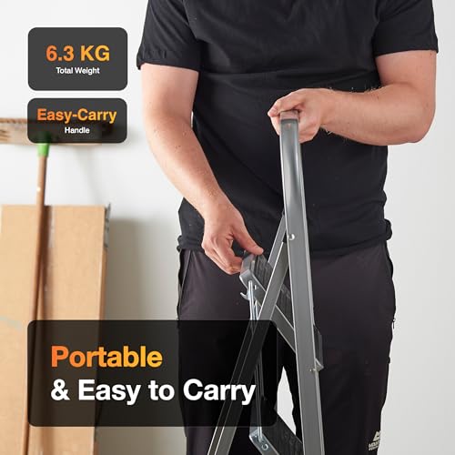 Masterworx 3 Step Ladder | Heavy Duty Folding Steel Stepladder With Safety Handle | 150Kg Max Capacity | Wide Anti-Slip Steps & Feet | Easy To Store | Ideal For Home, Kitchen, Garage & Diy Use - 3