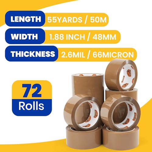 Image of TAPEBEAR Brown Packing Tape Packaging Tape Refills 2.6mil x 1.88 inch x 55Yard | Moving Tape for Boxes, Secure Sticky Brown Tape Heavy Duty for Shipping, Mailing & Storage, 72Rolls