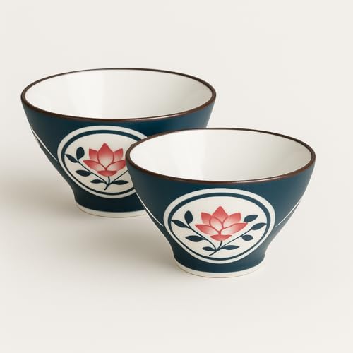 Image of YELONA Japanese Style Ceramic Bowls - 4.8 Inch (300ml), Set of 2 - Floral Design Rice /Noodle Bowls - Microwave & Dishwasher Safe, Ideal for Gifting Choice