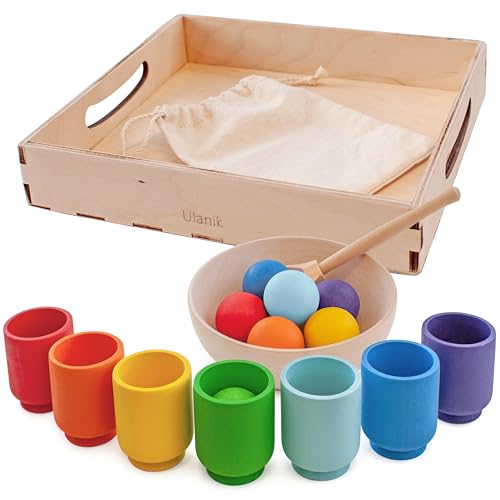 Image of Ulanik Small Rainbow Balls in Cups Toddler Montessori Toys for 3+ Year Old Kids Wooden Matching Game for Learning Color Sorting and Counting — 7 Balls