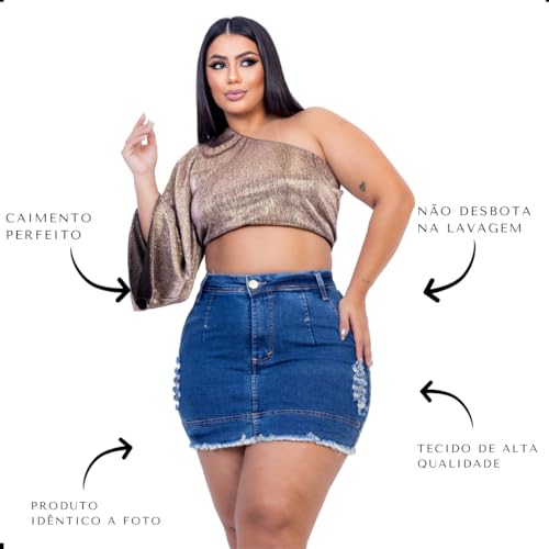 Saia Jeans Plus Size Feminina Cintura Alta Com Elastano Destroyed (44, Azul)