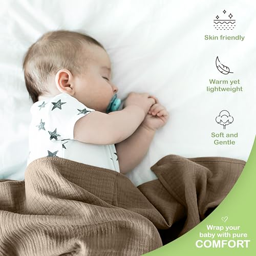 Image of Organic Muslin Baby Blanket 2-Pack Olive & Ivory, 47x47 Inch, 100% Organic Cotton Oeko-TEX Certified Hypoallergenic Swaddle Blanket for Newborn, Boho Nursery