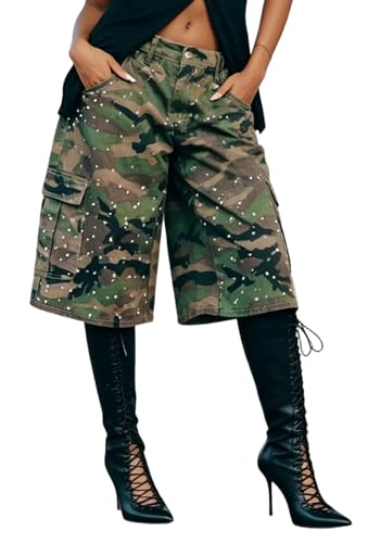 Image of Women's Barrel Camo Pants High Waisted Wide Leg Peated Palazzo Camouflage Capris Baggy Y2k Army Fatigue Trousers