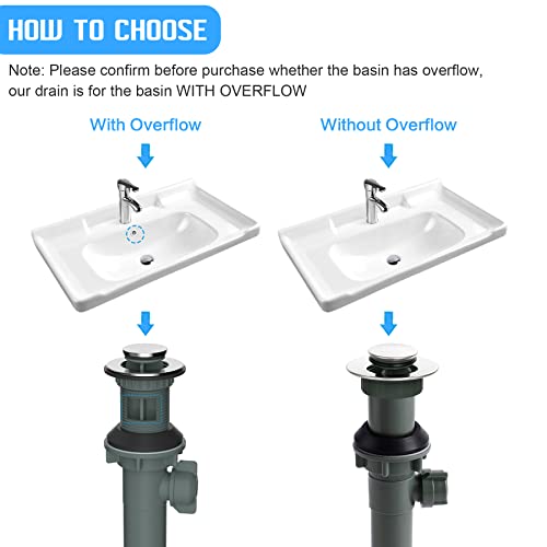 Bathroom Sink Drain With Overflow, Push And Seal Pop Up Drain Stopper Lift Rod, 2 Pack Bathroom Lavatory Vanity Vessel Sink Drain Compatible With Moen, American Standard, Universal Drain Hole, Chrome #TOP5