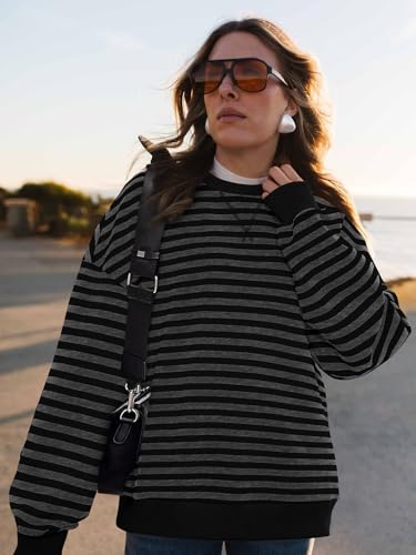 Image of PRETTYGARDEN Womens Striped Oversized Sweatshirt Color Block Crew Neck Long Sleeve Casual Loose Pullover Top Y2K Clothes