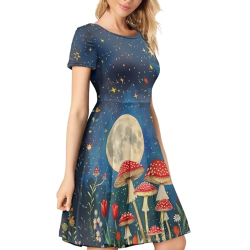 Image of HUGS IDEA Womens Puffy Swing Midi Dress Round Neck Short Sleeve Party A-Line Dresses