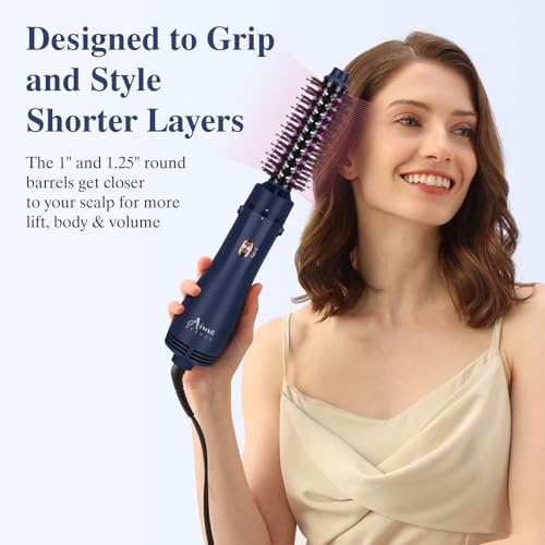 Image of Aima Beauty Blow Dryer Brush Set - 4-in-1 Round Brush Blow Dryer Adds Shine, Smooth, Curl & Volume for Short to Medium Hair, Interchangeable 1 inch & 1.25 inch Round Barrel, Ionic Frizz Control, Prussian Blue