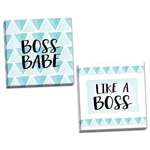Leoner22art Sagebrush Fine Art Watercolor Style Light Blue and White Boss Babe and Like A Boss Triangle Pattern Set, Two 8x10 inches Wood Stretched Canvas