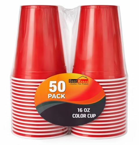 BH | Red Plastic Cups | 16oz | 470ml | 50-Pack | Party Cup Drinking Cup for Party Events Everyday Christmas Games Wedding and Picnics Reusable & Recyclable Drinking Red Cups - by Best House