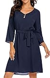 Material: weich und bequem ZIYYOOHY Damen Casual Blusenkleid Chiffon Button V-Ausschnitt 3/4 Ärmel Freizeit Mini Sommerkleid Mit Gürtel (M, Marineblau)