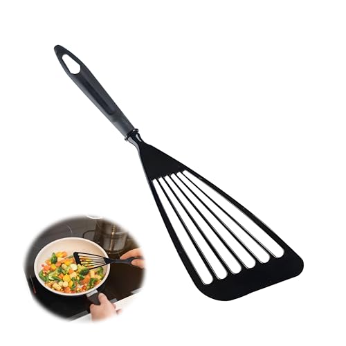 Fish Spatula, Nylon Square Slotted Spatula Turner with Stainless Steel Handle, Egg Flipper for Non-Stick Pans, Heat Resistant to 210°C, 17.6 x 9.1 cm, Lightweight Black Kitchen Spatula