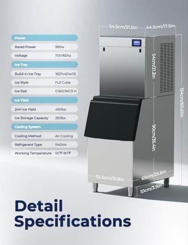 Image of 450LBS /24H Commercial Ice Maker Machine, 22 inch Air Cooled Ice Machine with 250LBS Storage Bin, Powerful Compressor, 182 Full Cube Ice Ready in 8-15 Min, Industrial Ice Maker for Restaurant Bar Cafe
