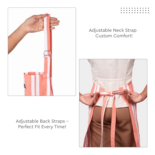 Image of Encasa XO Cotton Cooking kitchen Apron for Women and Men chef apron With adjustable neckstrap, Pocket & Towel Holder for Easy cooking, Baking, BBQ, Gardening- Franca Orange Stripes, 68x85 cm