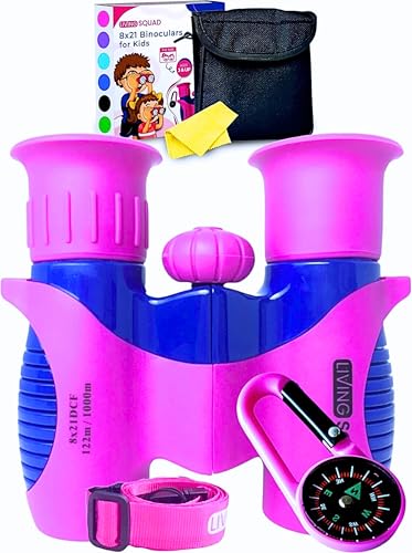 Kids Binoculars Pink 8x21 Shockproof Ages 3–12 with Case, Neck Strap, Compass & Carabiner | High Resolution Optics for Birdwatching, Hiking & Spy Play for Girls