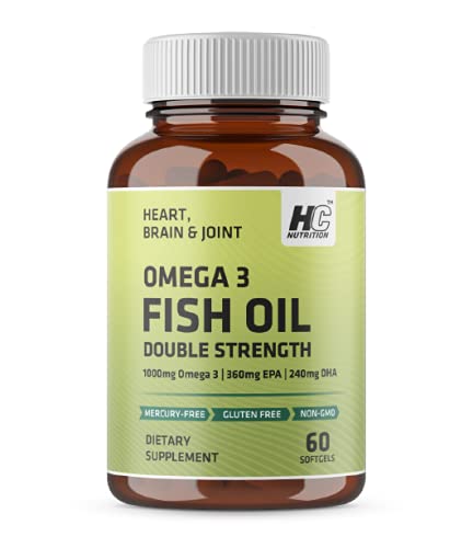 HC Nutrition Omega 3 Fish Oil Double Strength, 60 Softgel Dietary Supplement (Mercury-Free, Gluten-Free, Non-GMO) For Heart, Brain and Joint- 1000mg Omega 3| 360mg EPA| 240mg DHA