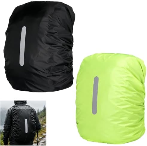 Set of 2 Waterproof Backpack Covers for School and Travel Backpacks with Reflective Strips, Water and Dirt Resistant, Lightweight and Durable, Fits 30-40L Backpacks - Black/Fluorescent Green