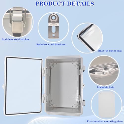 Image of Waterproof Electrical Box with Mounting Plate 300x200x170mm, IP67 Junction Box Stainless Steel Latch Hinged Clear Cover Project Enclosure with Wall Bracket and 2 Glands 11.8 inchx7.9 inchx6.7 inch