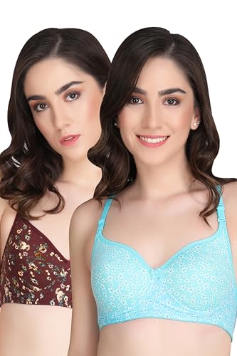 Image of Flower Print Bra for Women - Made of Pure Cotton Full Coverage Non Wired Pushup Soft Cup for T-Shirt Saree Dress Sports Garment for Daily Use Everyday