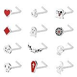 ZS 12 Piezas Nariz Stud Acero Inoxidable 20G Halloween - Forma De L Piercing Nariz Hipoalergénicos Para Mujeres Hombres Plateados Negros Murciélago Calabaza Calavera (Plateado, Forma L)