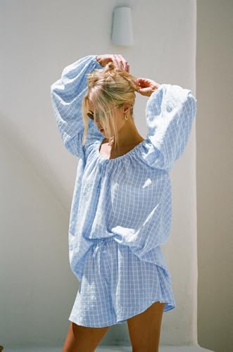 Image of Women Plaid Bubble Oversize Long Sleeve Top Shorts 2 Piece Cozy Beach Vacation Outfits Lounge Set Tracksuits