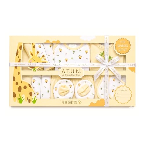 Image of A.T.U.N. (ALL THINGS UBER NICE) Premium Newborn Baby Gift Set (13 Pieces) | 100% Cotton Baby Clothing Set | 0-3 Months | Baby Shower and Welcome Gift Box