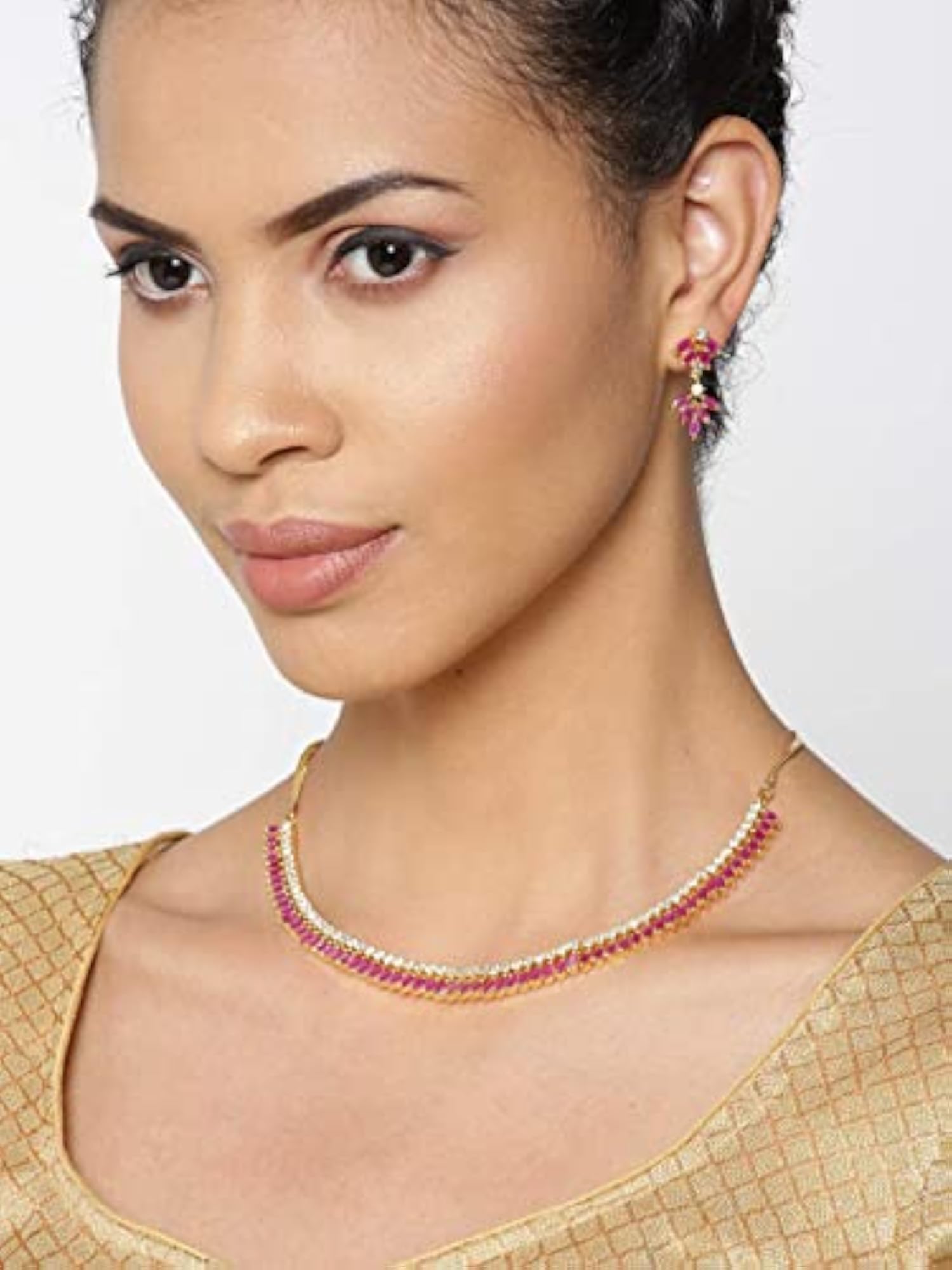 Pink American Diamond Jewellery Set Gold-Plated Brass for Parties